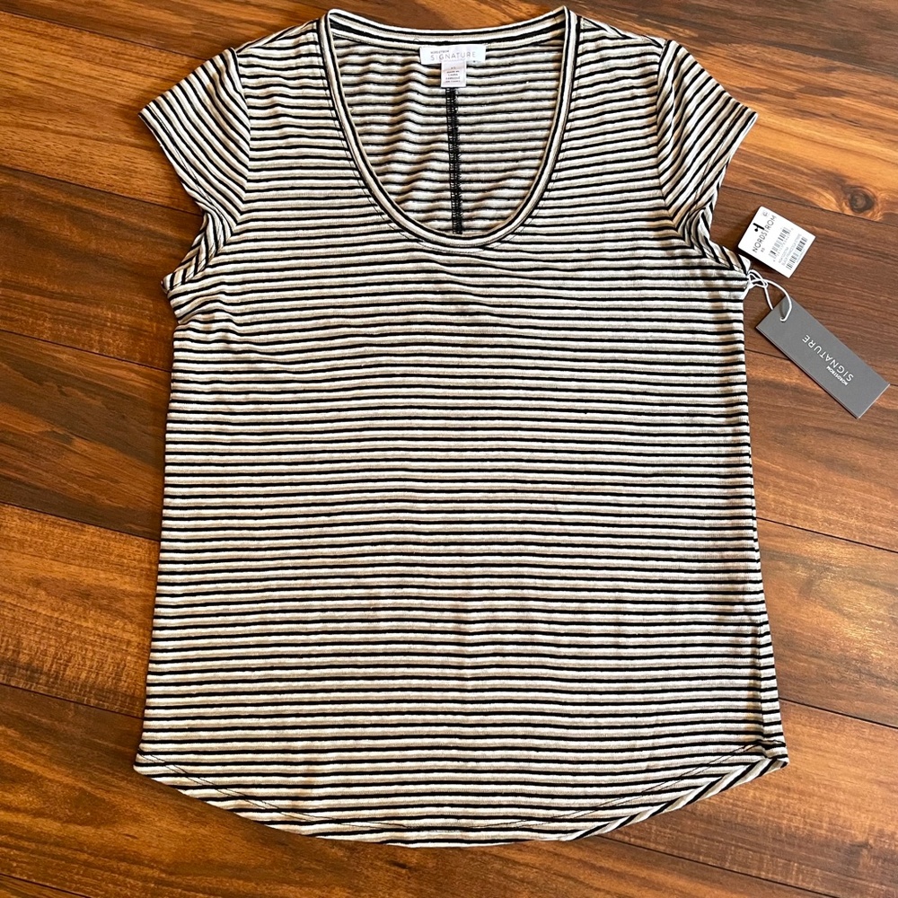 Nordstrom Signature 100% Linen Francesca Striped Top Black White
